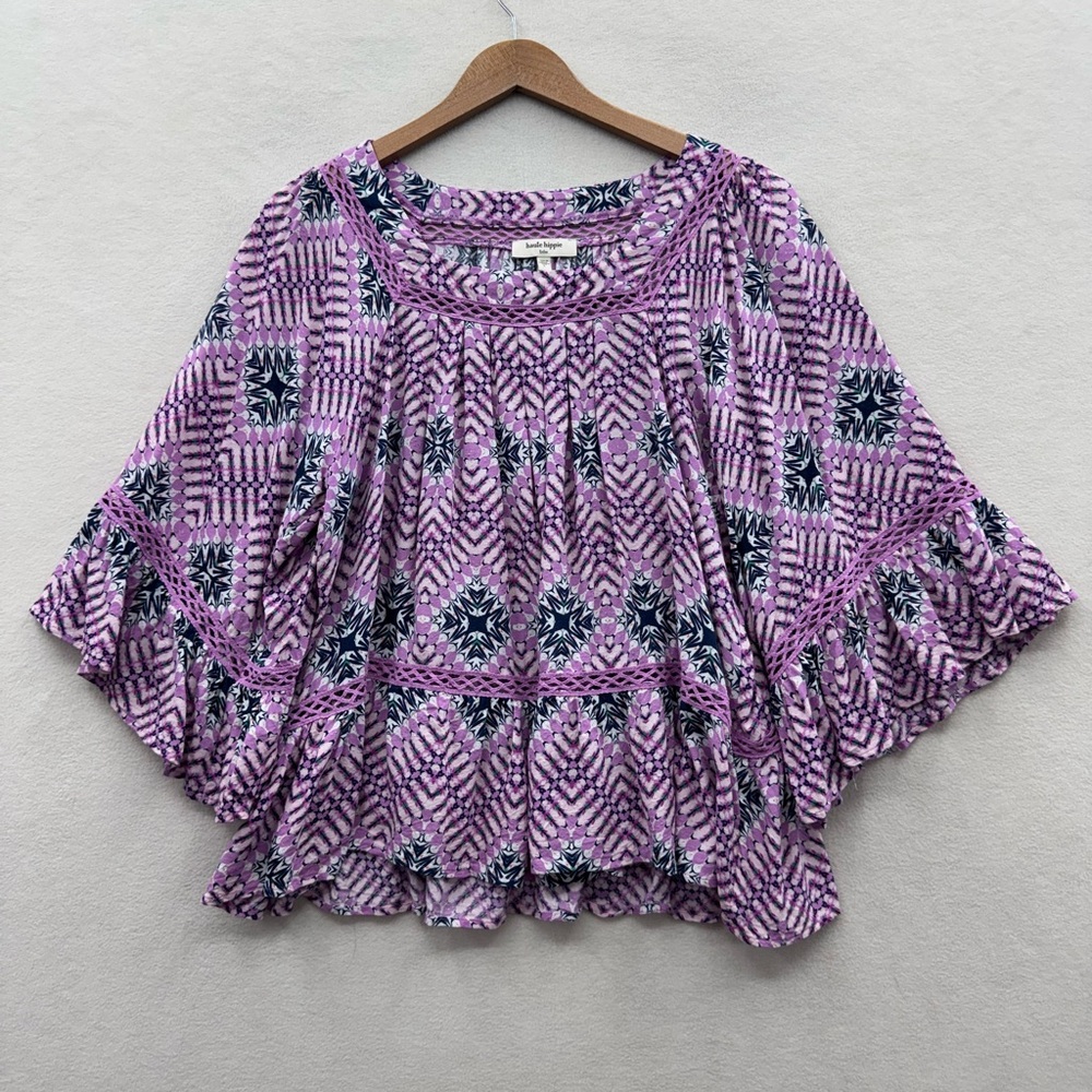 Haute Hippie Tribe Women's Large Flutter Sleeve Blouse Geo Print Purple